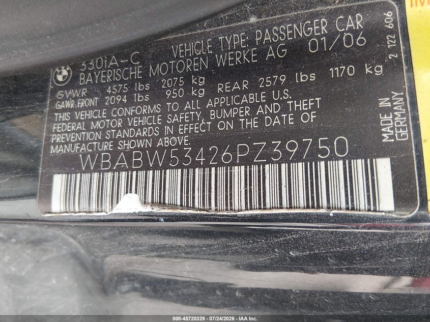 2006 BMW 3 series VIN WBABW53426PZ39750 IAAI salvage auction — NORMAL WEAR, Original (Texas), sold $325 on 2026-08-17 (photo 9)