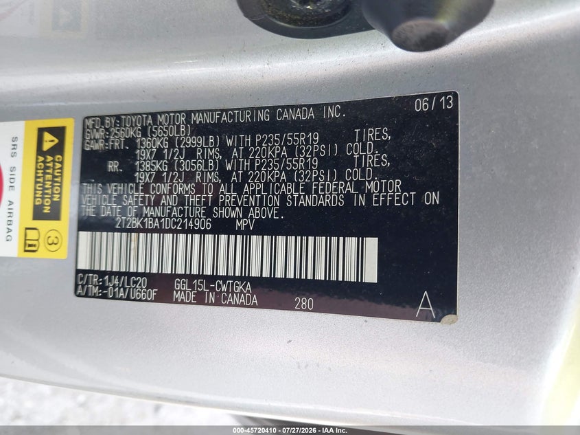 2013 Lexus Rx VIN 2T2BK1BA1DC214906 IAAI salvage auction — SIDE, Salvage (Illinois), sold $4,300 on 2026-08-31 (photo 9)