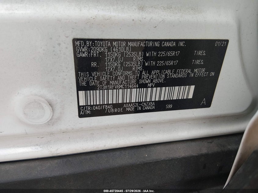 2021 Toyota Rav 4 VIN 2T3H1RFV6MC114644 IAAI salvage auction — LEFT FRONT, Salvage (Texas), sold $7,000 on 2026-09-01 (photo 9)