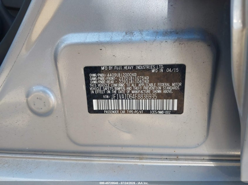 2015 Subaru Wrx VIN JF1VA1D64F8836935 IAAI salvage auction — FRONT END, Salvage (New Jersey), sold $25 on 2026-07-27 (photo 9)