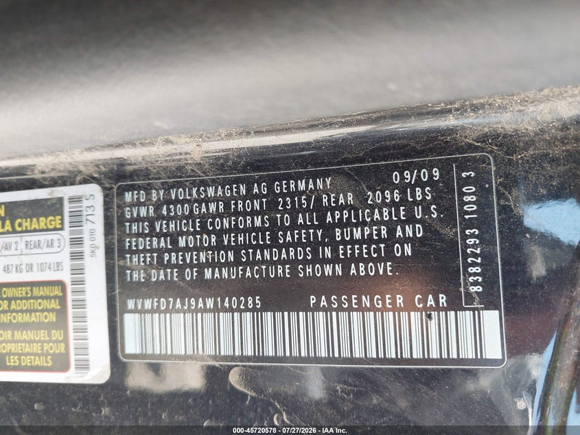 2010 Volkswagen Gti VIN WVWFD7AJ9AW140285 IAAI salvage auction — NORMAL WEAR, Salvage Title - Dealer (California), sold $800 on 2026-08-04 (photo 9)