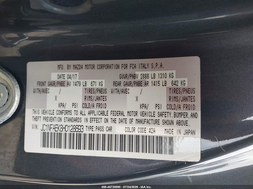 2017 Fiat 124 spider VIN JC1NFAEK8H0128693 IAAI salvage auction — LEFT SIDE, Wait Title, sold $2,750 on 2026-08-13 (photo 9)