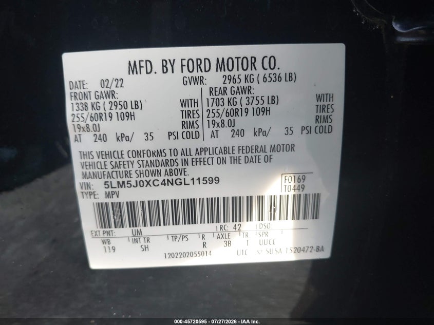 2022 Lincoln Aviator VIN 5LM5J0XC4NGL11599 IAAI salvage auction — UNKNOWN, Wait Title, sold $8,300 on 2026-09-09 (photo 9)