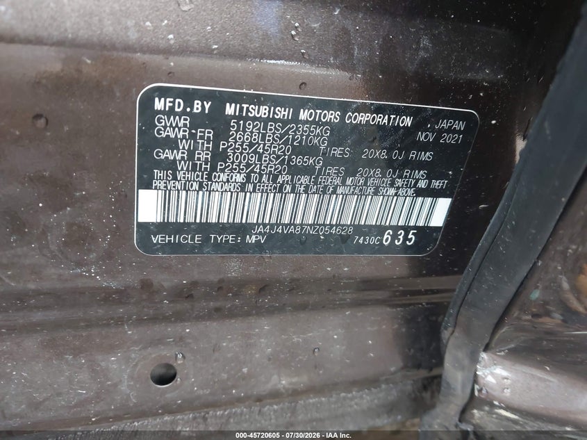 2022 Mitsubishi Outlander VIN JA4J4VA87NZ054628 IAAI salvage auction — LEFT SIDE, Wait Title, sold $3,600 on 2026-09-22 (photo 9)