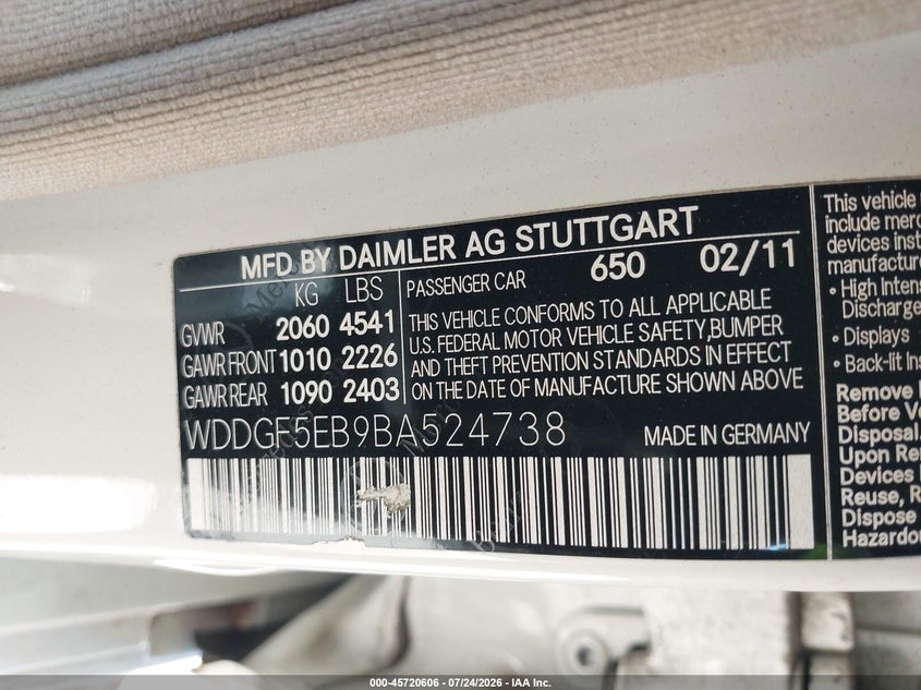 2011 Mercedes-benz C class VIN WDDGF5EB9BA524738 IAAI salvage auction — FRONT END, Salvage (Arizona), sold $325 on 2026-08-19 (photo 9)