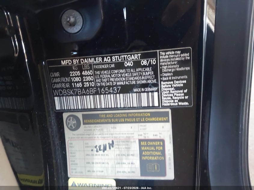 2011 Mercedes-benz Sl-class VIN WDBSK7BA6BF165437 IAAI salvage auction — RIGHT SIDE, Salvage (California), sold $4,050 on 2026-08-13 (photo 9)