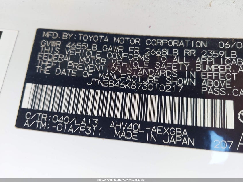 2007 Toyota Camry hybrid VIN JTNBB46K873010217 IAAI salvage auction — FRONT END, Salvage (California), sold $1,050 on 2026-08-02 (photo 9)