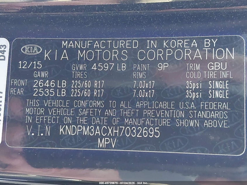 2017 Kia Sportage VIN KNDPM3ACXH7032695 IAAI salvage auction — NORMAL WEAR, Clear (Florida), sold $1,600 on 2026-07-27 (photo 9)