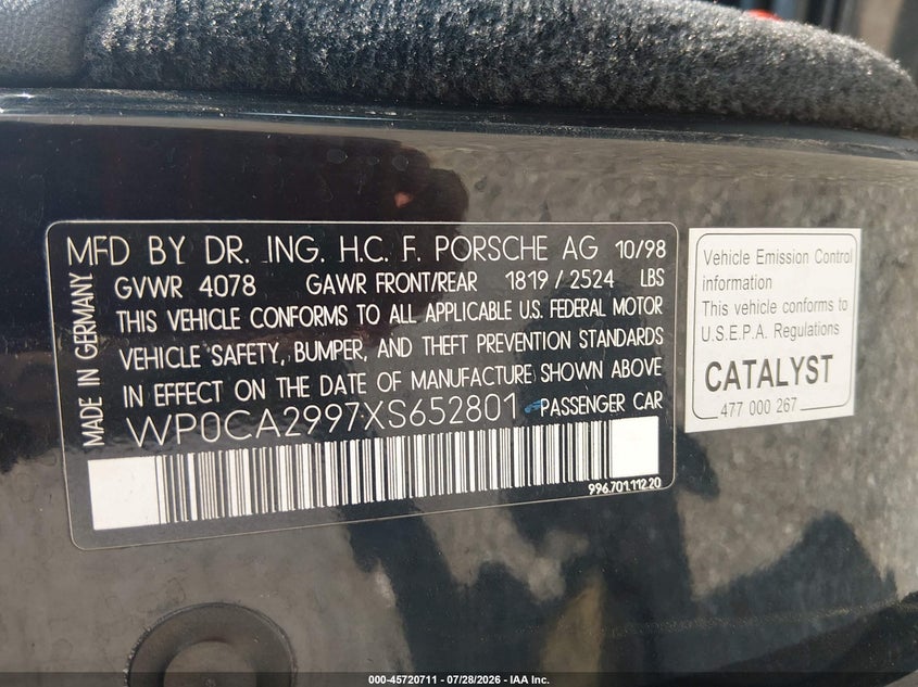 1999 Porsche 911 VIN WP0CA299TXS652801 IAAI salvage auction — NORMAL WEAR, Clear (Tennessee), sold $7,800 on 2026-08-13 (photo 9)