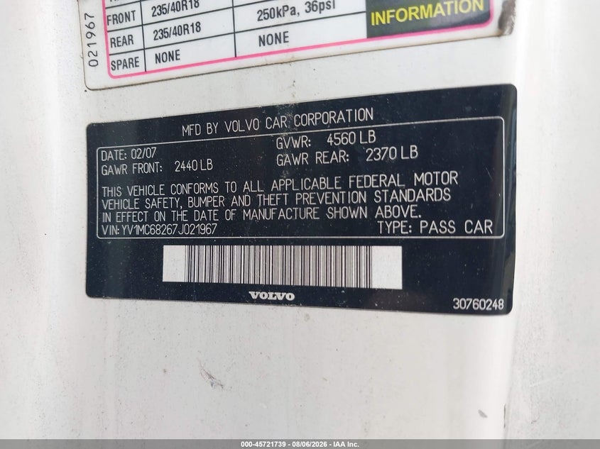 2007 Volvo C70 VIN YV1MC68267J021967 IAAI salvage auction — REAR END, Salvage (Georgia), sold $275 on 2026-08-23 (photo 9)