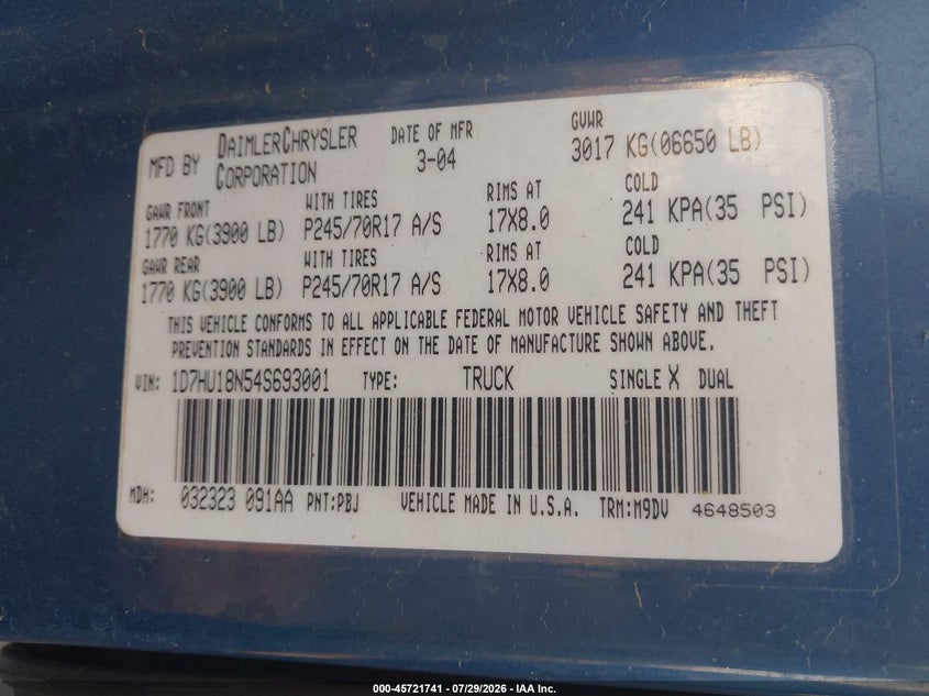 2004 Dodge Ram 1500 VIN 1D7HU18N54S693001 IAAI salvage auction — HAIL, Regular (South Dakota), sold $650 on 2026-08-22 (photo 9)