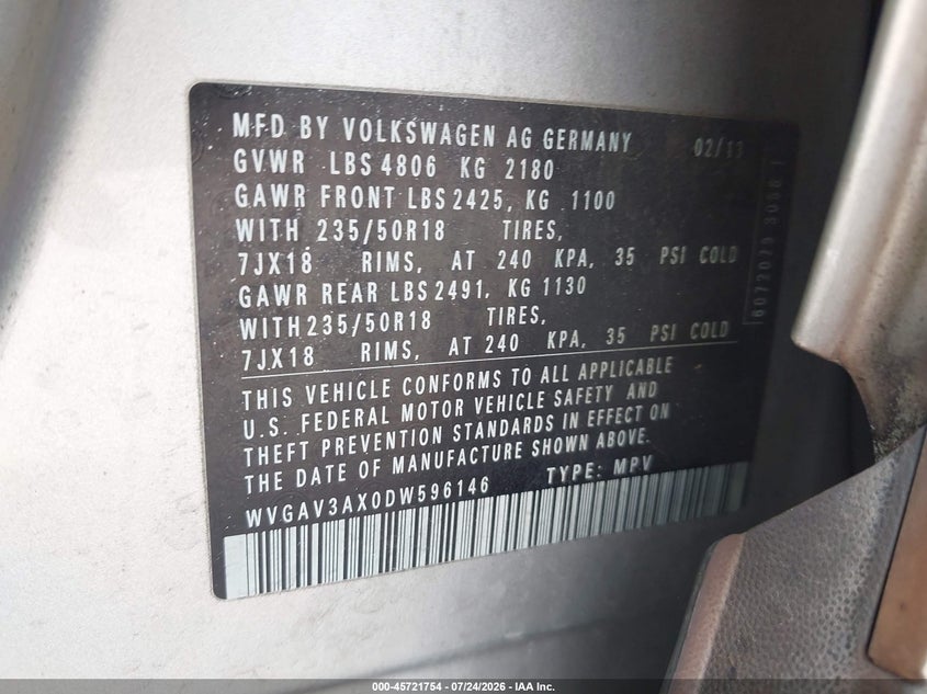 2013 Volkswagen Tiguan VIN WVGAV3AX0DW596146 IAAI salvage auction — NORMAL WEAR, Original (Texas), sold $1,100 on 2026-08-04 (photo 9)