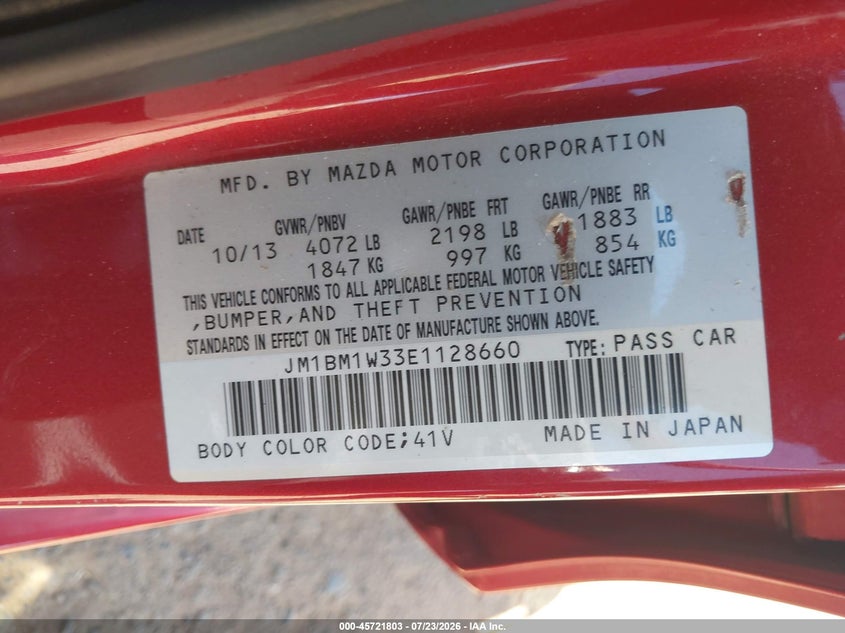 2014 Mazda 3 VIN JM1BM1W33E1128660 IAAI salvage auction — NORMAL WEAR, Clear - Dealer Only (California), sold $125 on 2026-07-31 (photo 9)