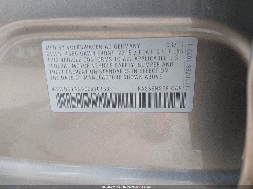 2012 Volkswagen Passat cc VIN WVWHN7AN9CE510183 IAAI salvage auction — NORMAL WEAR, Original (Texas), sold $275 on 2026-08-04 (photo 9)