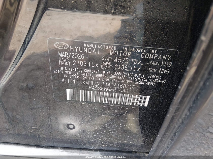 2026 Hyundai Sonata VIN KMHL24JJ4TA168210 IAAI salvage auction — FRONT END, Enterprise Vehicles Clear Only (Colorado), sold $25 on 2026-07-30 (photo 9)