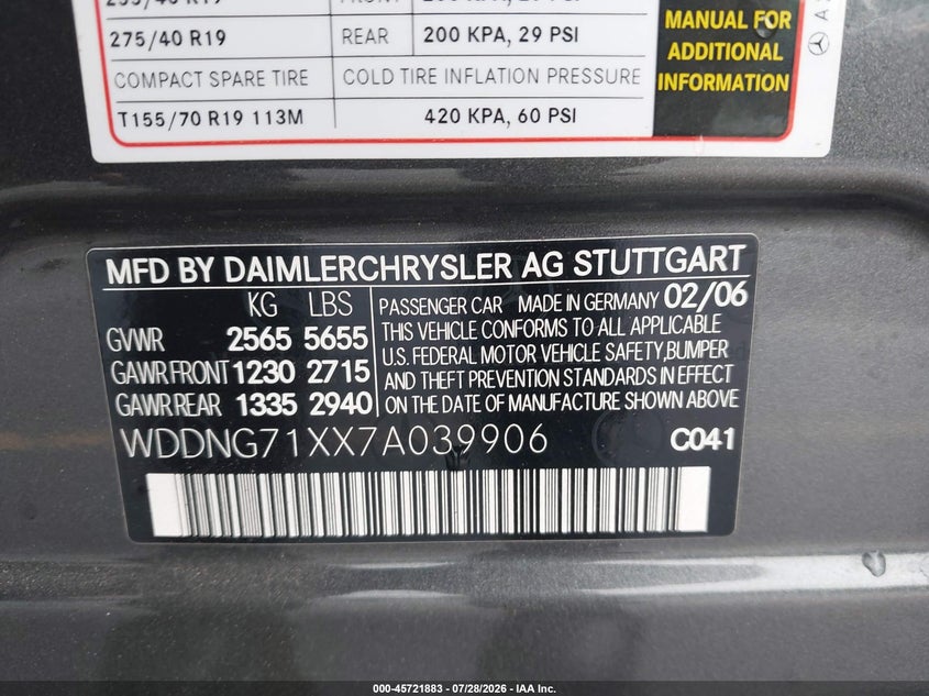 2007 Mercedes-benz S class VIN WDDNG71XX7A039906 IAAI salvage auction — ROOF, Salvage (Connecticut), sold $1,600 on 2026-08-14 (photo 9)