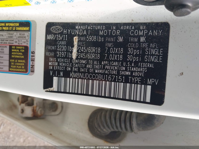 2011 Hyundai Veracruz VIN KM8NUDCC0BU167151 IAAI salvage auction — NORMAL WEAR, Clear (New York), sold $475 on 2026-07-30 (photo 9)