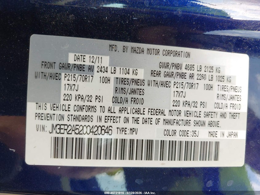 2012 Mazda Cx-7 VIN JM3ER2A52C0420646 IAAI salvage auction — SIDE, Clear (Indiana), sold $525 on 2026-09-11 (photo 9)