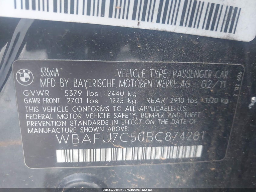 2011 BMW 5er VIN WBAFU7C50BC874281 IAAI salvage auction — NORMAL WEAR, Clear (Georgia), sold $25 on 2026-07-29 (photo 9)