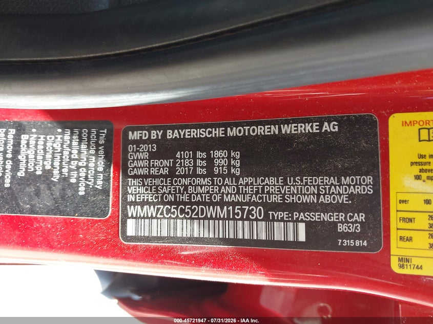 2013 Mini Countryman VIN WMWZC5C52DWM15730 IAAI salvage auction — SIDE, Salvage Title, sold $675 on 2026-08-19 (photo 9)