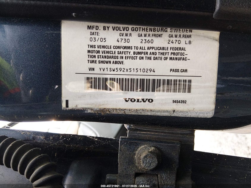 2005 Volvo V70 VIN YV1SW592X51510294 IAAI salvage auction — LEFT FRONT, Clear (Virginia), sold $200 on 2026-08-07 (photo 9)