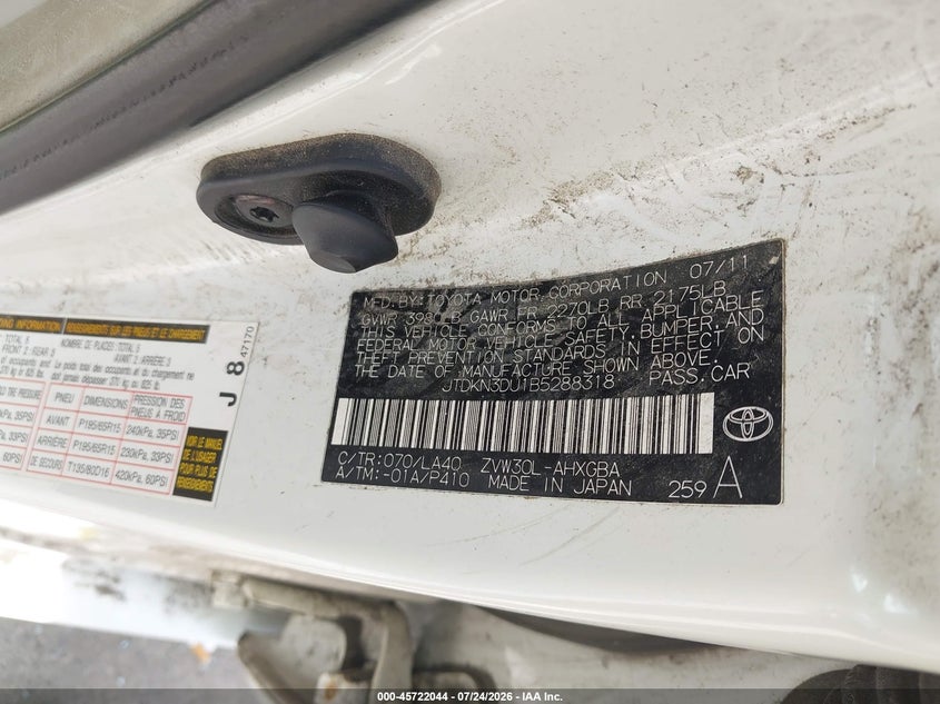 2011 Toyota Prius VIN JTDKN3DU1B5288318 IAAI salvage auction — NORMAL WEAR, Clear (Indiana), sold $1,050 on 2026-07-31 (photo 9)