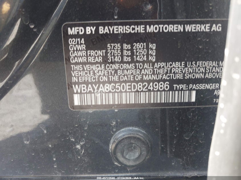 2014 BMW 7er VIN WBAYA8C50ED824986 IAAI salvage auction — FRONT END, Salvage Title, sold $750 on 2026-08-04 (photo 9)