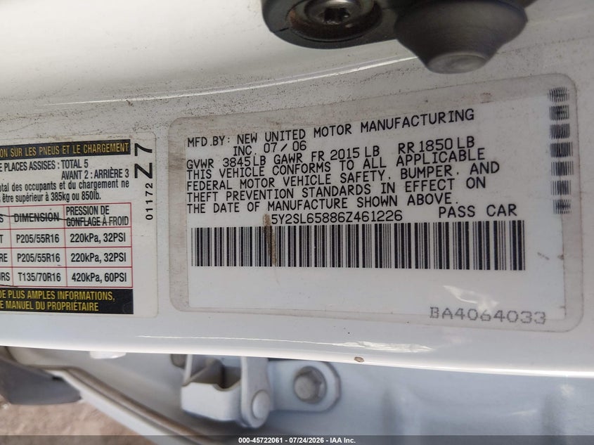 2006 Pontiac Vibe VIN 5Y2SL65886Z461226 IAAI salvage auction — NORMAL WEAR, Clear-Dealer Only (Arizona), sold $25 on 2026-07-28 (photo 9)