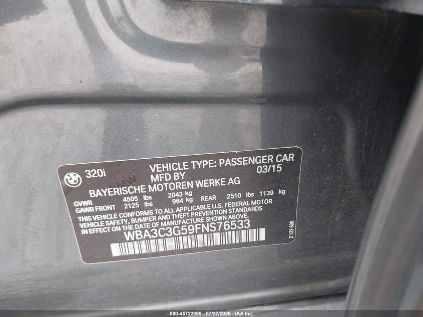 2015 BMW 3er VIN WBA3C3G59FNS76533 IAAI salvage auction — NORMAL WEAR, Clear (Illinois), sold $675 on 2026-08-17 (photo 9)