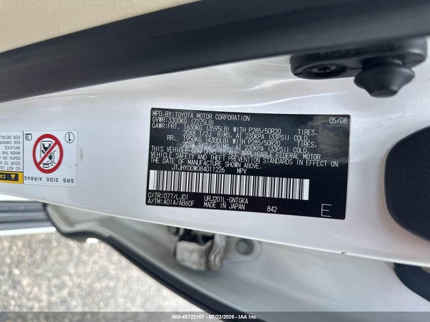 2008 Lexus Lx VIN JTJHY00W084011226 IAAI salvage auction — NORMAL WEAR, Clear (Massachusetts), sold $2,050 on 2026-07-29 (photo 9)