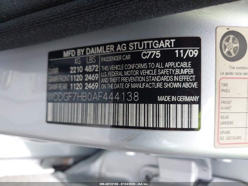 2010 Mercedes-benz C class VIN WDDGF7HB0AF444138 IAAI salvage auction — NORMAL WEAR, Clear-Dealer Only (North Carolina), sold $6,500 on 2026-08-03 (photo 9)