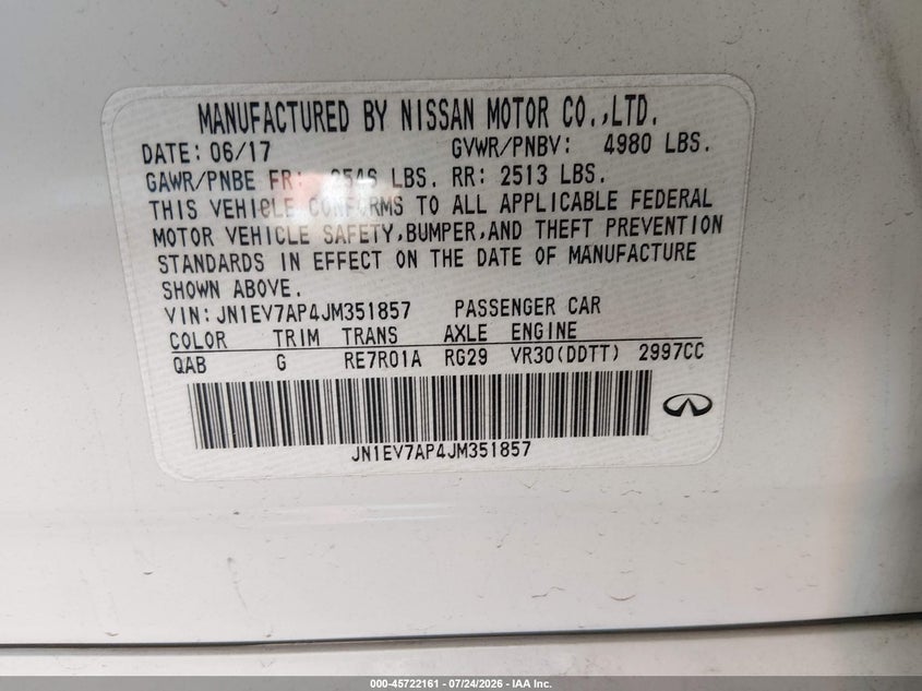 2018 Infiniti Q50 VIN JN1EV7AP4JM351857 IAAI salvage auction — NORMAL WEAR, Clear-Dealer Only (Arizona), sold $200 on 2026-07-28 (photo 9)