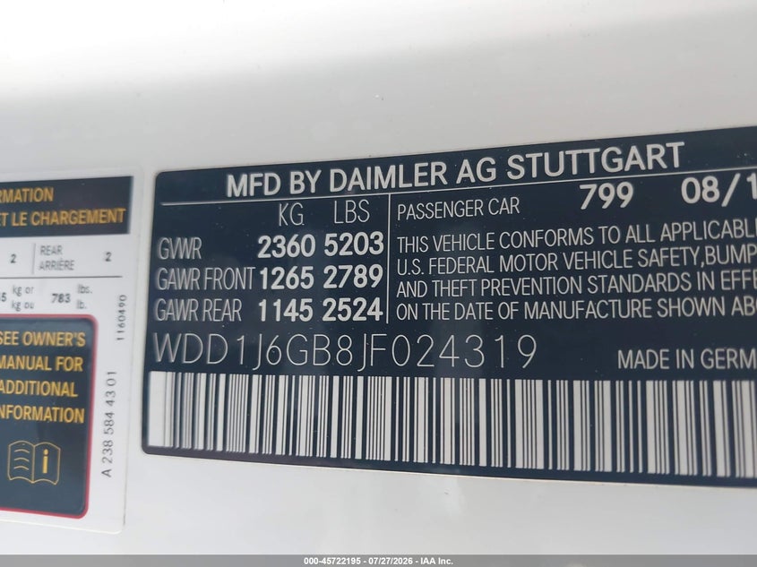2018 Mercedes-benz E-klasse VIN WDD1J6GB8JF024319 IAAI salvage auction — FRONT END, Salvage Title, sold $12,700 on 2026-08-09 (photo 9)
