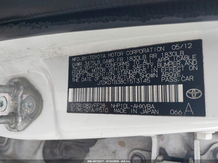 2012 Toyota Prius c VIN JTDKDTB38C1513145 IAAI salvage auction — NORMAL WEAR, Clear (Mississippi), sold $25 on 2026-07-28 (photo 9)