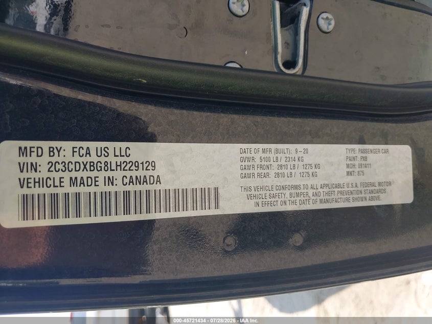 2020 Dodge Charger VIN 2C3CDXBG8LH229129 IAAI salvage auction — FRONT END, Wait Title, sold $1,450 on 2026-09-25 (photo 9)