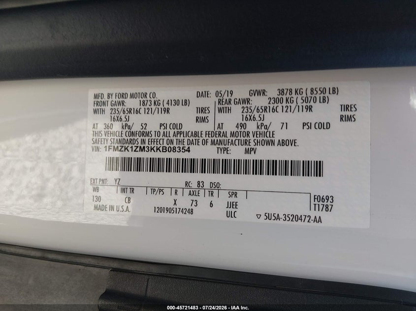 2019 Ford Transit 150 VIN 1FMZK1ZM3KKB08354 IAAI salvage auction — NORMAL WEAR, SF97 (Oregon), sold $12,550 on 2026-08-26 (photo 9)