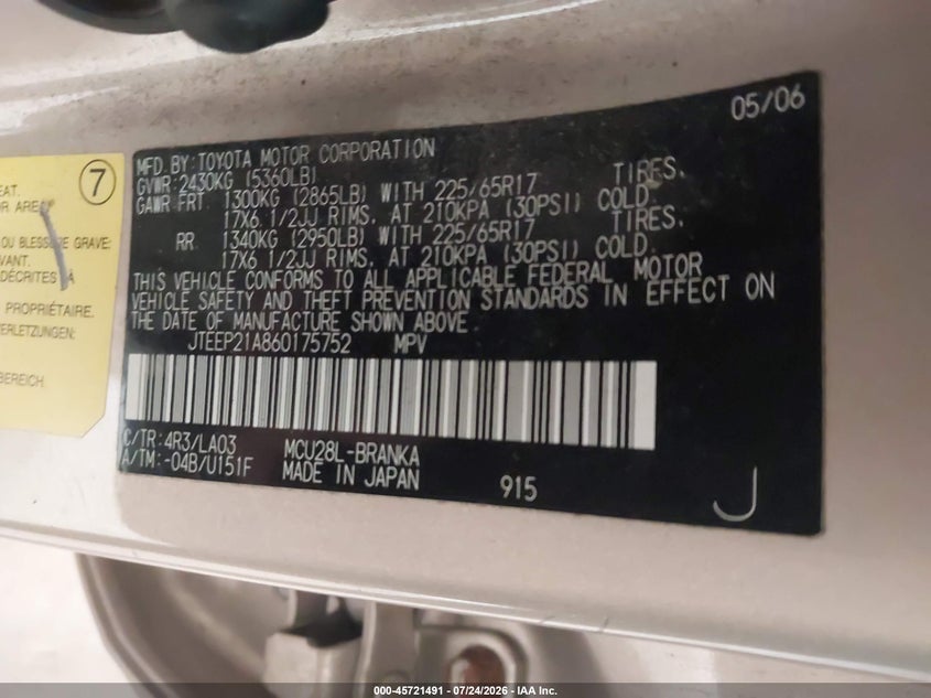 2006 Toyota Highlander VIN JTEEP21A860175752 IAAI salvage auction — NORMAL WEAR, Clear (Minnesota), sold $75 on 2026-07-29 (photo 9)