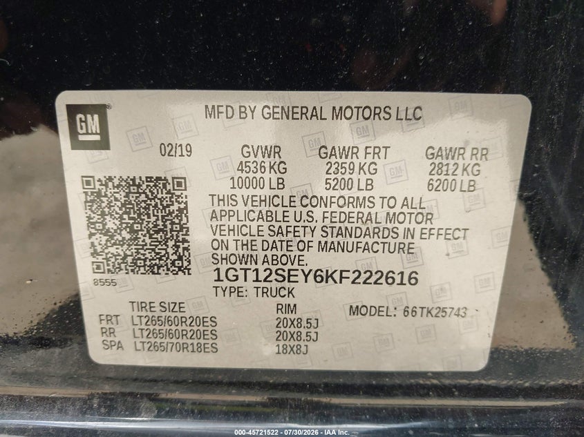 2019 Gmc SIERRA VIN 1GT12SEY6KF222616 IAAI salvage auction — LEFT FRONT, Salvage Title, sold $31,200 on 2026-09-16 (photo 9)