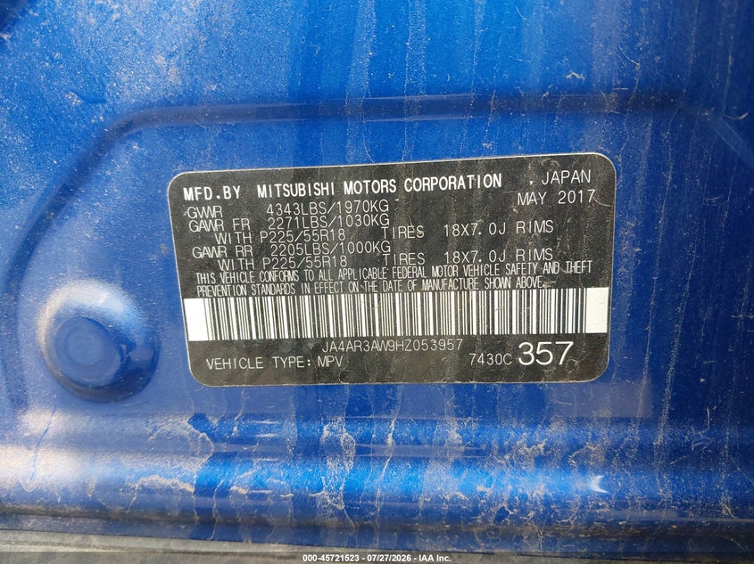 2017 Mitsubishi Outlander VIN JA4AR3AW9HZ053957 IAAI salvage auction — RIGHT SIDE, Salvage Title, sold $625 on 2026-08-22 (photo 9)