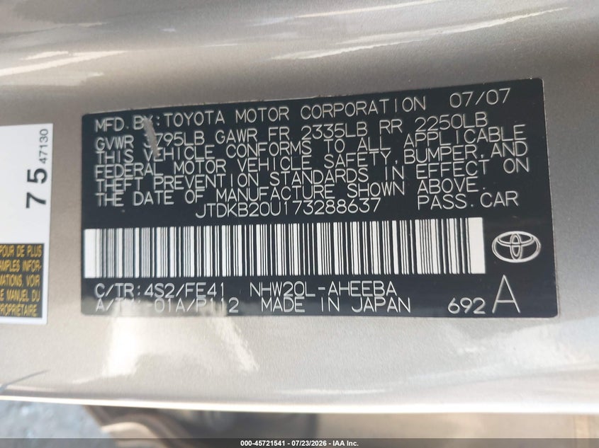 2007 Toyota Prius VIN JTDKB20U173288637 IAAI salvage auction — NORMAL WEAR, Clear - Dealer Only (California), sold $525 on 2026-07-29 (photo 9)