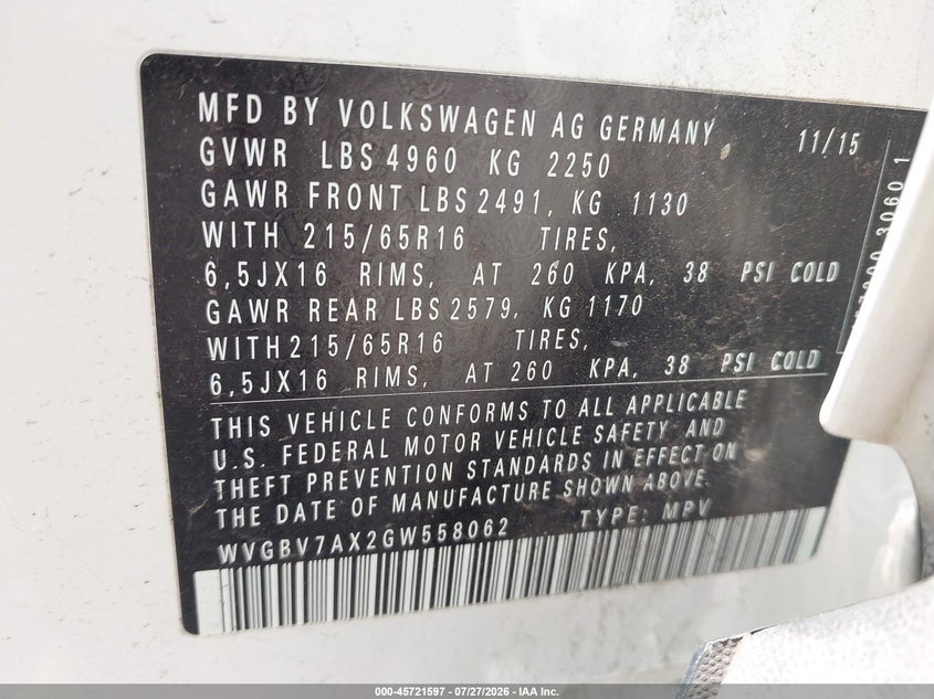 2016 Volkswagen Tiguan VIN WVGBV7AX2GW558062 IAAI salvage auction — RIGHT SIDE, Salvage Title, sold $1,050 on 2026-08-09 (photo 9)