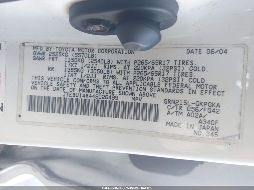 2004 Toyota 4runner VIN JTEBU14R448026499 IAAI salvage auction — NORMAL WEAR, Clear (Virginia), sold $675 on 2026-07-27 (photo 9)