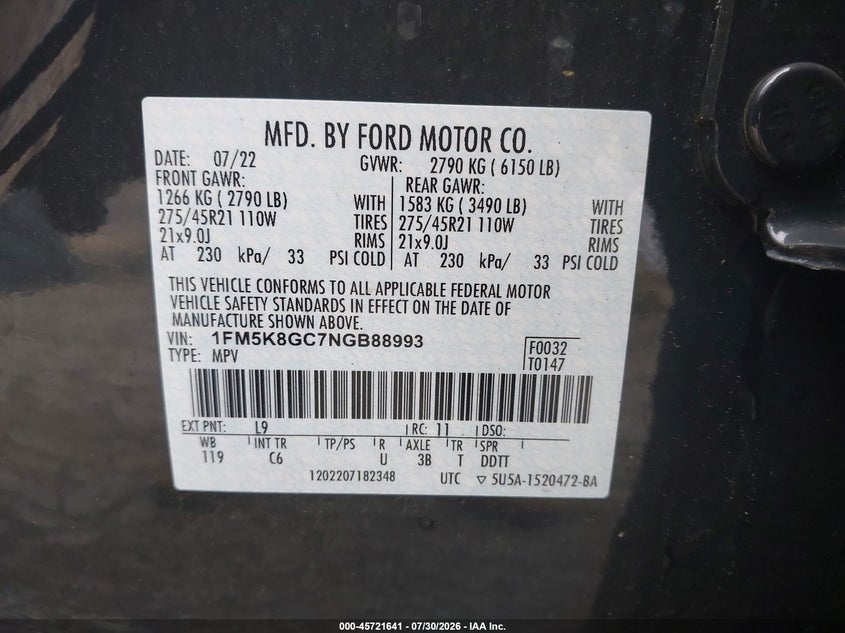 2022 Ford Explorer VIN 1FM5K8GC7NGB88993 IAAI salvage auction — FRONT END, Salvage (Rhode Island), sold $13,000 on 2026-09-08 (photo 9)