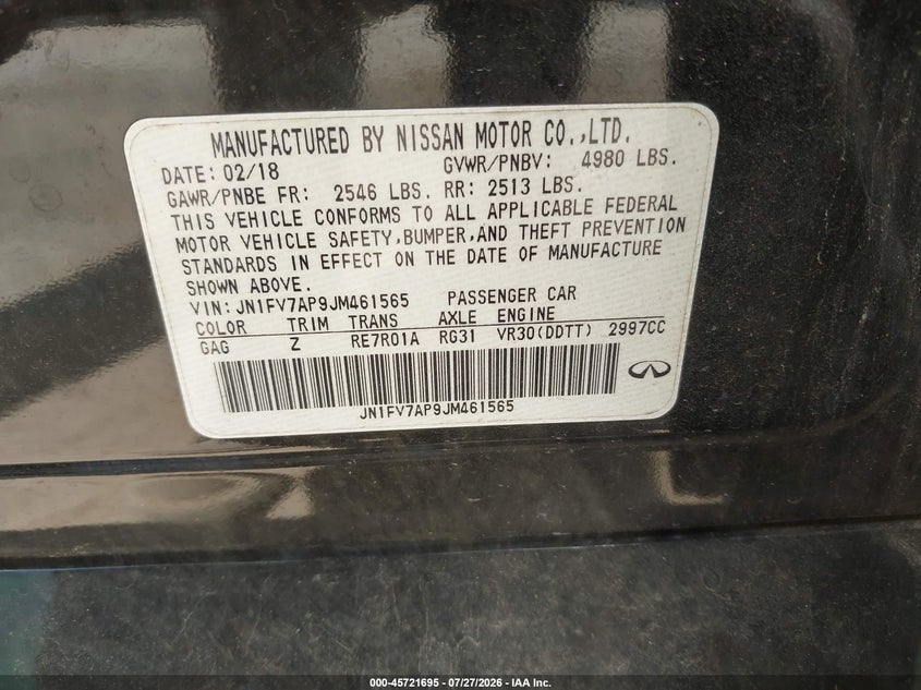 2018 Infiniti Q50 VIN JN1FV7AP9JM461565 IAAI salvage auction — FRONT END, Wait Title, sold $5,600 on 2026-09-06 (photo 9)