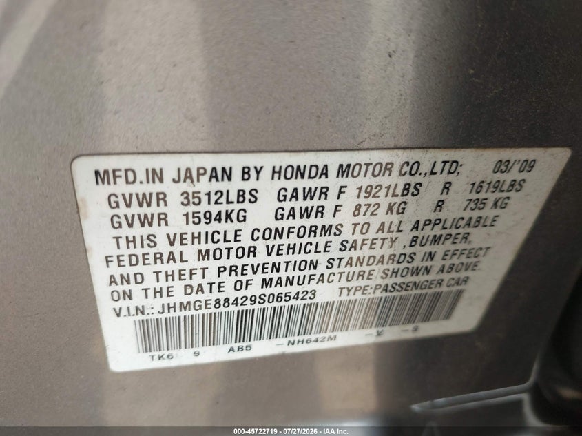 2009 Honda Fit VIN JHMGE88429S065423 IAAI salvage auction — SIDE, Salvage - Greater Than 75% (Maryland), sold $1,500 on 2026-10-02 (photo 9)