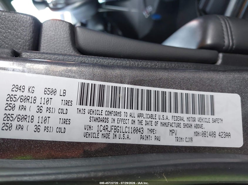 2020 Jeep Grand cherokee VIN 1C4RJFBG1LC110043 IAAI salvage auction — UNKNOWN, Salvage Title, sold $7,100 on 2026-08-03 (photo 9)