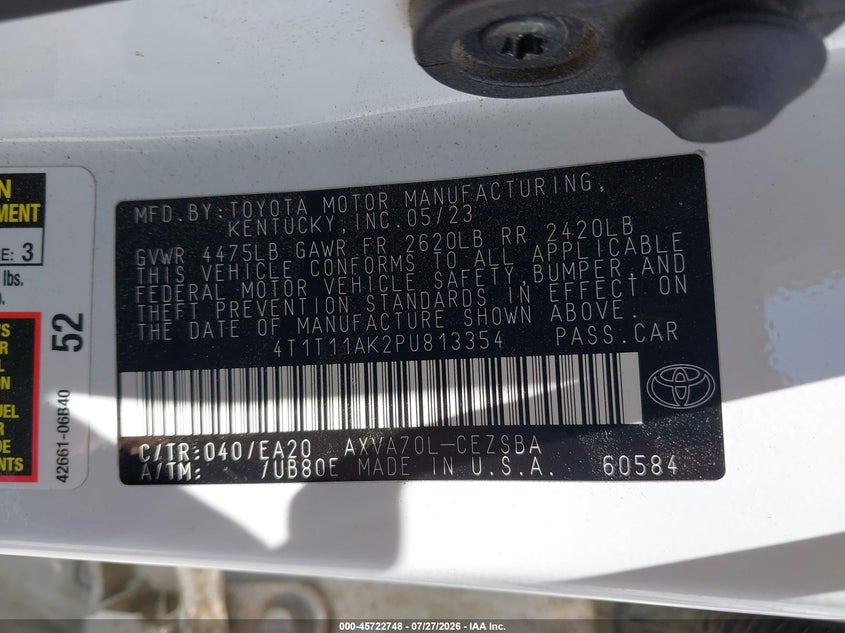 2023 Toyota Camry VIN 4T1T11AK2PU813354 IAAI salvage auction — REAR END, Salvage (California), sold $8,700 on 2026-08-01 (photo 9)
