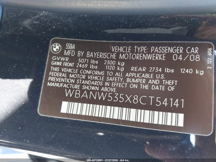 2008 BMW 5 series VIN WBANW535X8CT54141 IAAI salvage auction — LEFT REAR, Salvage (California), sold $1,350 on 2026-08-03 (photo 9)
