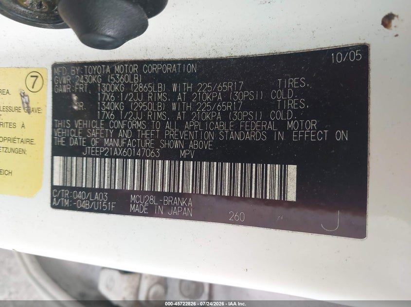 2006 Toyota Highlander VIN JTEEP21AX60147063 IAAI salvage auction — NORMAL WEAR, Clear (Tennessee), sold $600 on 2026-08-02 (photo 9)