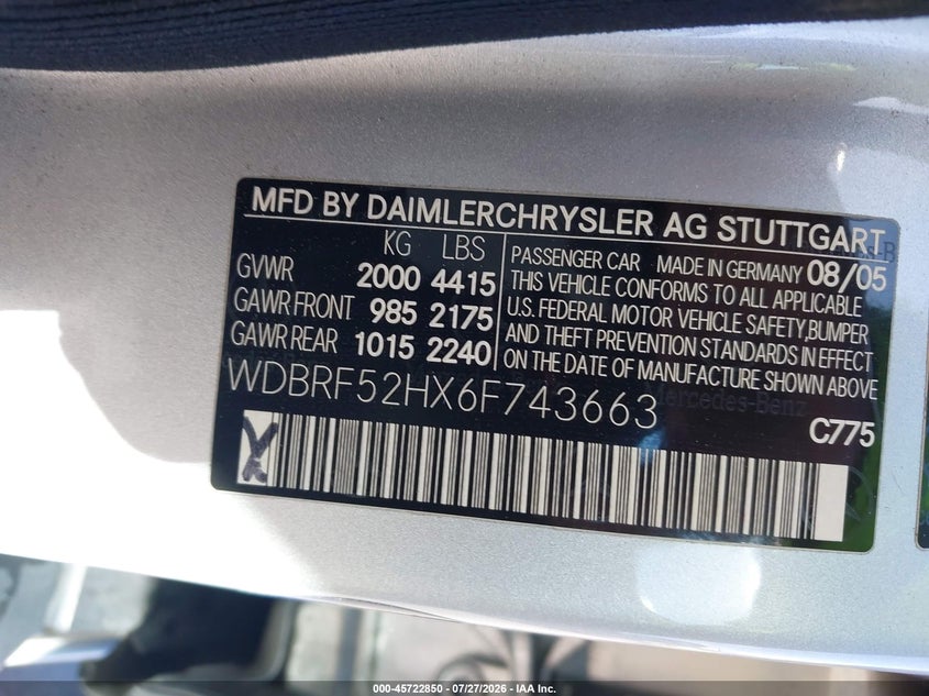 2006 Mercedes-benz C class VIN WDBRF52HX6F743663 IAAI salvage auction — SIDE, Salvage (California), sold $900 on 2026-08-03 (photo 9)